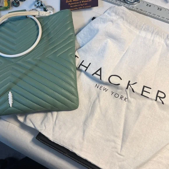 Thacker sea foam green leather Quilted Handbag purse 10” x 8” - Picture 6 of 14